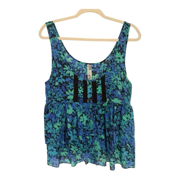 Free People Tops - Free People Vibrant Aqua Blue Floral Print Sleeveless Cotton Blend Tank Top-Sz L